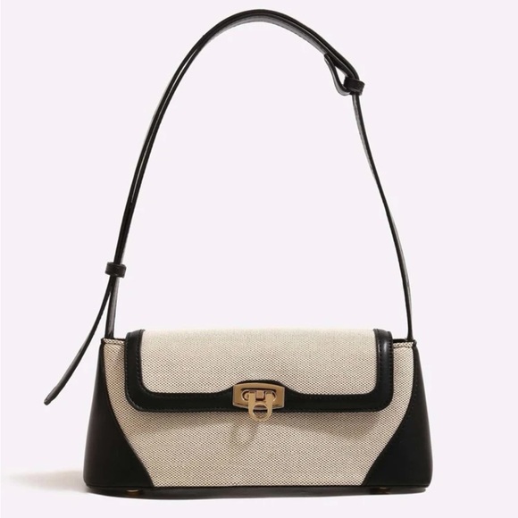 Handbags - Cream & black faux leather canvas buckle bag - shoulder bag / purse